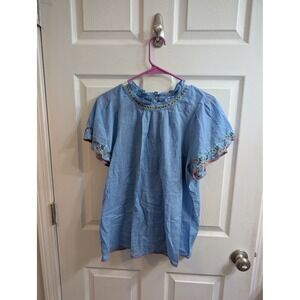 Banjanan Light Blue Embroidered Ruffle Neck Flutter Sleeve Cotton Top - Size S